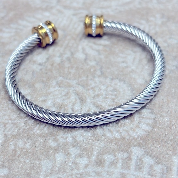 Gold & Silver Two-Tone Twisted Cable Cuff Bangle Bracelet Crystal Rhinestone - Picture 9 of 12